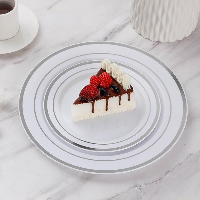 Goodluck 200PCS Silver Plastic Plates,Heavy Duty Disposable Silver Plates with 100 10.25 inch Dinner Plates and 100 7.5 inch Dessert Plates, Disposable Plates for Party, Holiday, Wedding