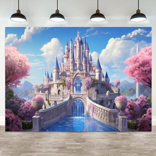 12x6ft Princess Castle Backdrop Pink Floral Blue Sky Photography Background White Cloud Forest Mountain Girls Birthday Baby Shower Banner Decorations Wedding Party Portrait Photo Booth Prop