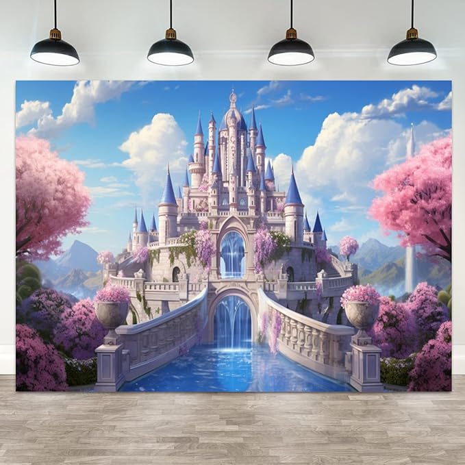 8x4ft Princess Castle Backdrop Pink Floral Blue Sky Photography Background White Cloud Forest Mountain Girls Birthday Baby Shower Banner Decorations Wedding Party Portrait Photo Booth Prop
