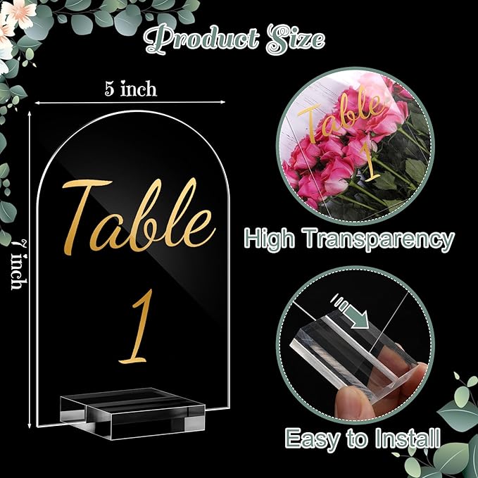 Qunclay 40 Pack 5 x 7 Inch Gold Acrylic Wedding Table Number 1-40 Clear Table Stand with Numbers Calligraphy Number Holders Signs for Wedding Reception Birthday Party Decorations