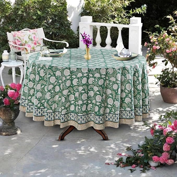 Ridhi Round Tablecloth Hand Block Print 100% Cotton Reusable Turquoise Moss Green 110 Inch Table Cover Decorative Everyday Use for Dining, Home, Party, Wedding, Farmhouse Gift for Spring, Mother's Day