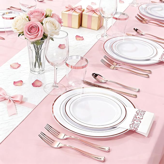 WDF160 Piece Rose Gold Disposable Cutlery Set - Heavyweight Plastic Silverware - Includes 80 Forks, 40 Spoons, 40 Knives - Rose Gold Silverware Perfect for Wedding Party Birthday