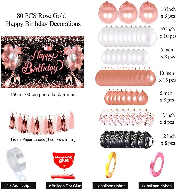 Rose Golden Happy Birthday Party Balloons Decorations Set, 80 PCS | with Photo Background Backdrop, Happy Birthday Sign Cloth, 3PCS 18inch Metal Pink Gold Balloons, Rose Gold Confetti Balloons