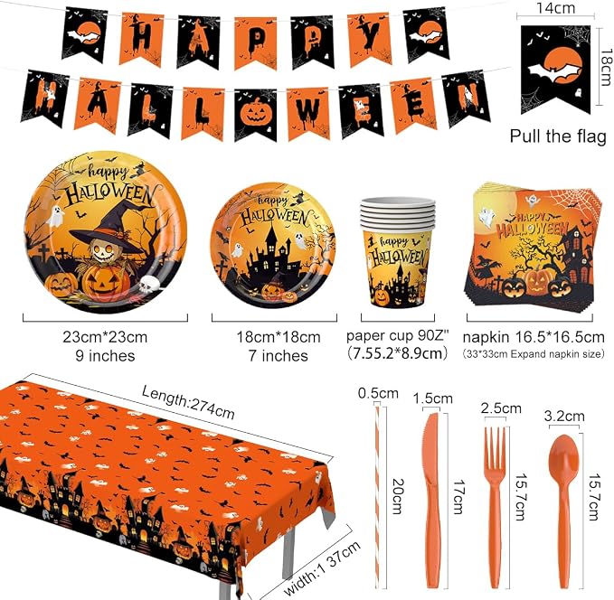 212Pcs Halloween Party Supplies Tableware Set for 24 Guests Disposable Pumpkin Ghost Themed Dinnerware Includes Paper Plates Napkins Cups Forks Knives Spoons Halloween Balloons, Banner & Tablecloth