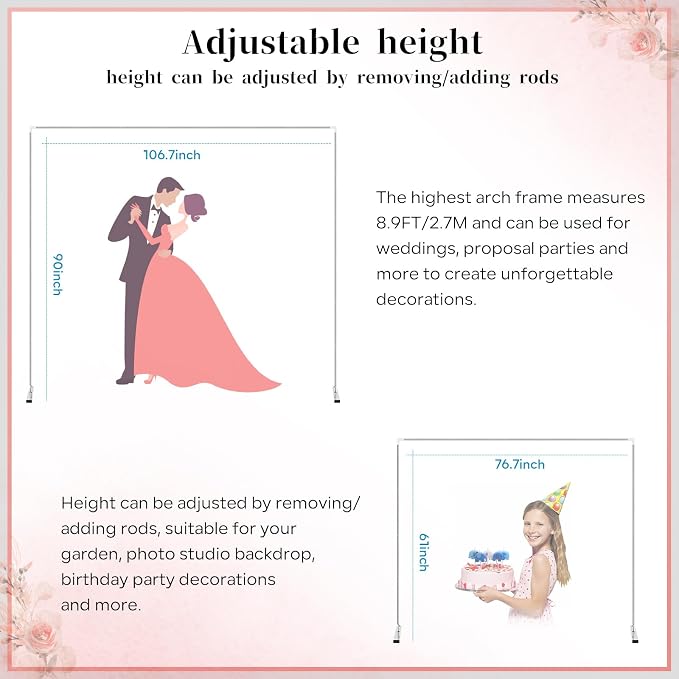 KOMCLUB 8.9FT Silver Metal Arch Stand, Square Frame for Wedding Party Decor | Stable Heavy-Duty Stand, Fits Ceremony Birthday Graduation Bridal Baby Shower Anniversary Background Decor