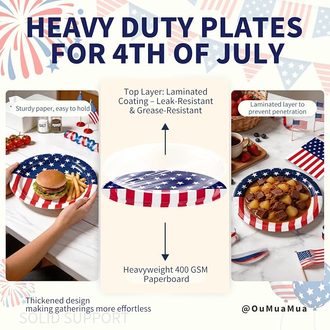 100 Pcs Patriotic Oval Paper Plates and Napkins, 12"×10" Large Disposable Red White Blue American Flag Themed Tableware Set Heavy Duty for Veterans Day Election Day 4th of July Independence Day Decor