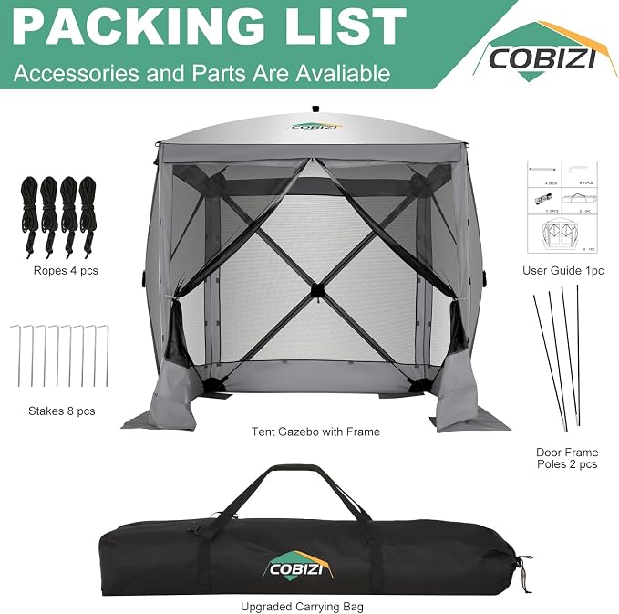 COBIZI 6x6 FT Pop up Gazebo, Popup Canopy Tent, Waterproof Screened in Gazebos,Portable Outdoor Small Screen Tents Sun Shelter,carpas para Patio for Camping, Garden and Backyard,Gray