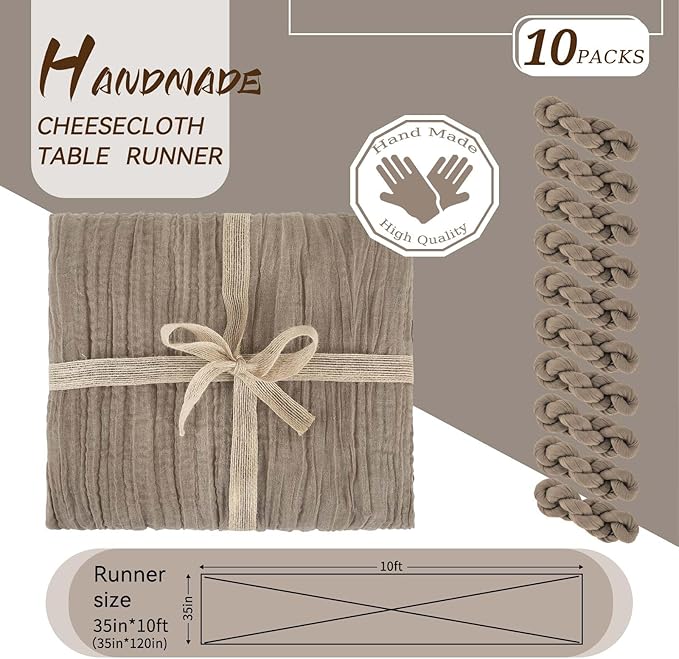 10 Packs Cheesecloth Table Runner Coffee, 10Ft x 35" Rustic Gauze Boho Wedding Table Runner Decoration, Wedding Table Decor Table Cloth for Wedding Party Bridal Shower Table