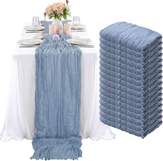 16 Pack Dusty Blue Cheesecloth Table Runner 10Ft Boho Gauze Table Runners 35x120 Inch Blue Cheese Cloth Table Runners Long Sheer Table Runners for Wedding Bridal Shower Birthday Party Table Decor