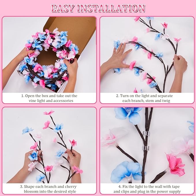 7.55 FT 144 LED Cherry Blossom Tree Branch Lights for Wall,8 Modes Artificial Pink Cherry Blossom Garland with Remote and Timer,Willow Vine Lights (144 LED Three-Color Cherry Blossom)