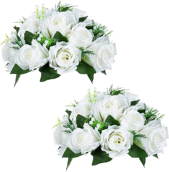 NUPTIO White Flower Centerpieces for Wedding Tables, Artificial Flower Ball | 2 Pcs 9.5 inch, Fake Floral Rose Arrangement for Birthday Party, Bridal Shower, Quinceanera Decorations