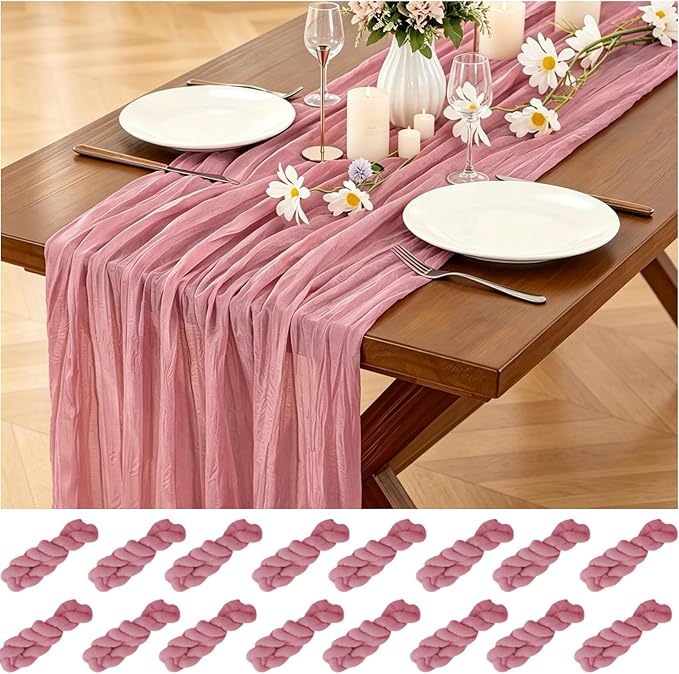 16 Pack Dusty Rose Cheesecloth Table Runner 10FT, Boho Gauze Cheese Cloth Table Runner Long Rustic Sheer Dusty Pink Table Runners for Wedding Bridal Baby Shower Birthday Party Table Decorations