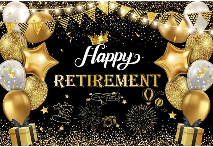 10x6.5ft Happy Retirement Photography Backdrop Black and Gold Retirement Party Decorations Backdrop Background Balloons White Lights Glitter Celebrate Retirement Party Supplies Studio Props
