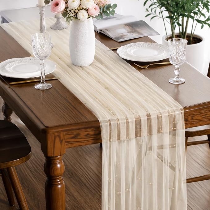 Pearl Champagne Gauze Pearl Table Runner 120 Inch 10FT, Seasonal Sheer Dining Holiday Wedding Birthday Baby Shower Tulle Summer Table Decor for Home Party