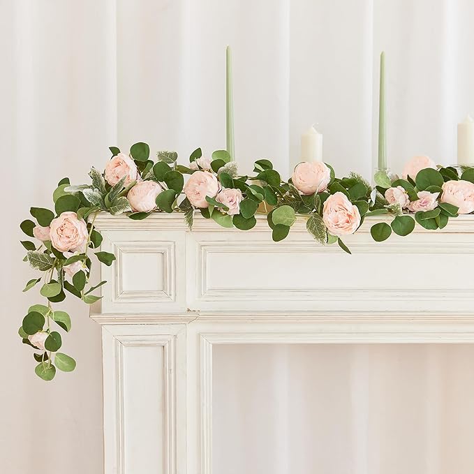 MISSPIN 2pcs Artificial Flowers Garland Spring Eucalyptus Garland Vintage Fake Flower Peony Rose Vine Greenery Decorative Wall Hanging Plant for Wedding Arch Door Arrangement Party Decor (Pink,2)