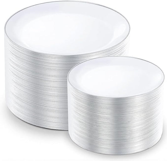 KIRE 200PCS Silver Plastic Plates - White Plastic Plates with Silver Rim Include 100 Dinner Plate and 100 for Dessert/Salad Plate for Birthday/Wedding/Party