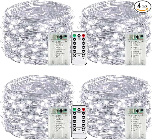 4-Pack Fairy Lights Battery Operated with Remote & Timer & 8 Modes, 16 FT 50 LED String Lights Outdoor Indoor, Battery Twinkle Lights Waterproof for Christmas Bedroom Centerpiece Décor (Cool White)