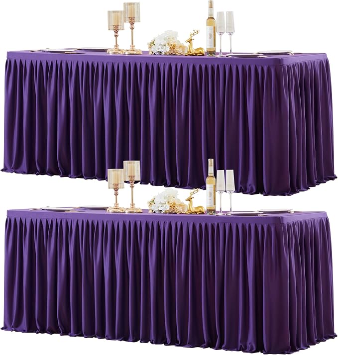 2 Packs Purple Polyester Tablecloths Rectangle Tables 8ft, Stretch Fitted Table Covers for 8 Foot Tables Wrinkle Free Rectangle Table Cloth with Skirt for Birthday Party Events Banquet Baby Shower