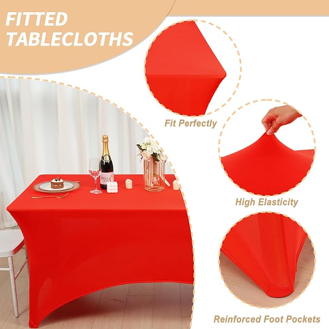 Fixwal 6 Pack 6Ft Red Table Cover, Spandex Fitted Tablecloths Rectangle, Wrinkle-Free and Stretch Folding Table Cloth for Banquet, Wedding, Party, Trade Show