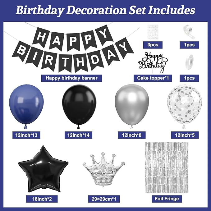 Navy Blue and Black Birthday Decorations for Men, Black Blue Confetti Balloon with 'HAPPY BIRTHDAY' Banner Fringe Curtains Crown Foil Balloons Cake Topper for Men Boys Adults Party Decor