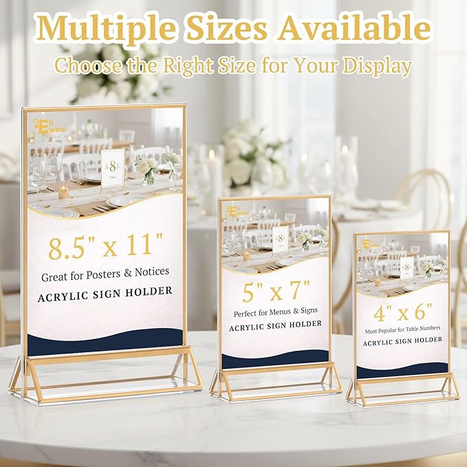 EHWINE 26 Pack 4×6 Clear Acrylic Sign Holder with Gold Borders and Vertical Stand, Double Sided Table Menu Holders Picture Frames for Wedding Table Numbers, Restaurant Signs, Photos and Art Display