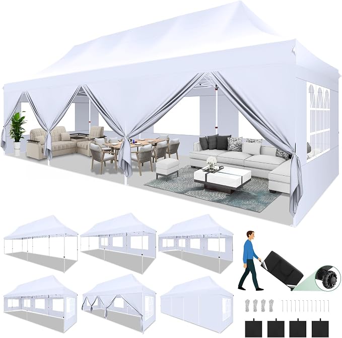COBIZI 10x30 Pop Up Canopy with 8 Removable Sidewalls Party Tents for Parties Wedding Patio Commercial Waterproof and UV50+ Ez Outdoor Instant Gazebo with Roller Bag & 4 Sandbags（Swan White）