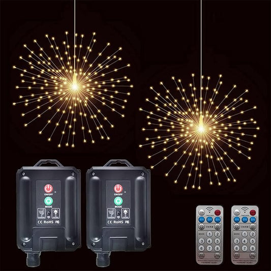 PXBNIUYA 2 Pack Starburst Sphere Lights with Remote Control,200 LED Firework Light, 8 Modes Dimmable Waterproof Copper Wire Hanging Fairy Light for Patio Parties Christmas (Solar Powered)