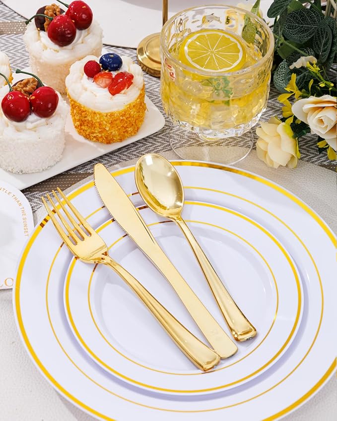 Supernal 60pcs Gold Plastic Dinnerware Set Includes Gold Plastic Plates and Disposable Silverware,Disposable Party Plates and Flatware Service for 12 Guests,Perfect for Birthday,Party,Wedding