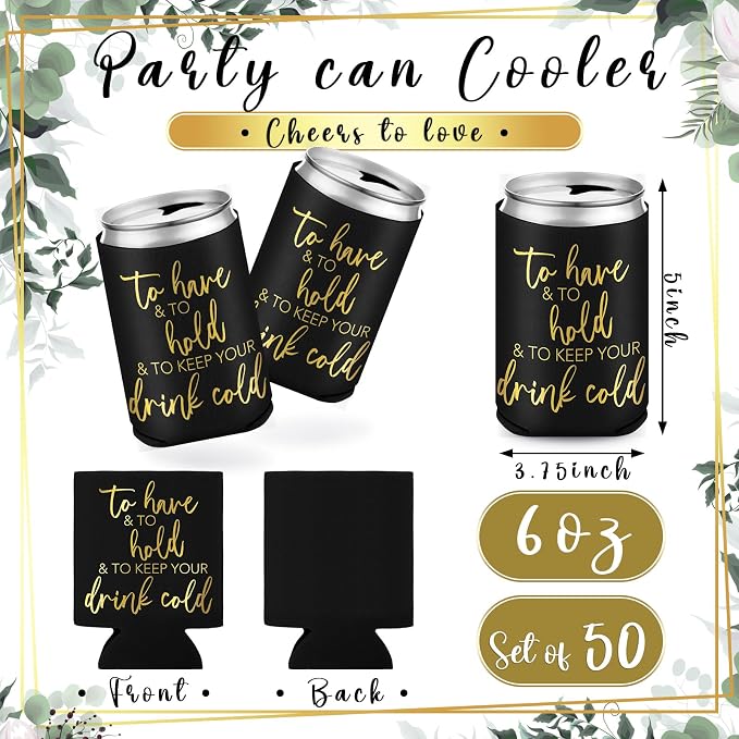 Hoteam 25 Sets Wedding Party Favors for Guests Bulk Including Can Cooler and Paper Folding Fans with Wedding Decor Table Sign Cheers to Love for Bridal Shower Party Souvenir(Classical,Black)