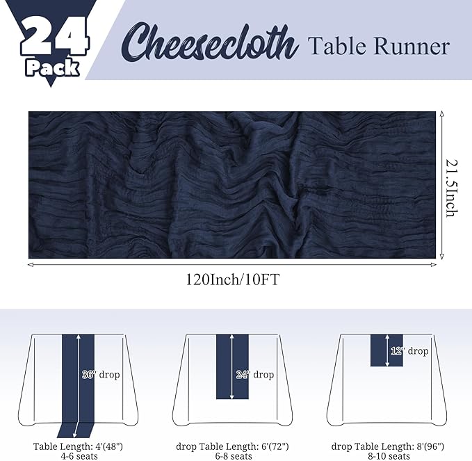 24 Pack Navy Blue Table Runners 10Ft Cheesecloth Table Runner Rustic Gauze Table Runner Romantic Long Sheer Fabric Cheese Cloth Table Runner for Wedding Party Bridal Baby Shower