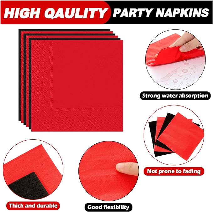 256 Pcs Red and Black Party Supplies Black and Red Birthday Disposable Paper Plates Napkins Plastic Tablecloth Fork Cup Tableware Sets for Birthday Baby Shower Party Decorations