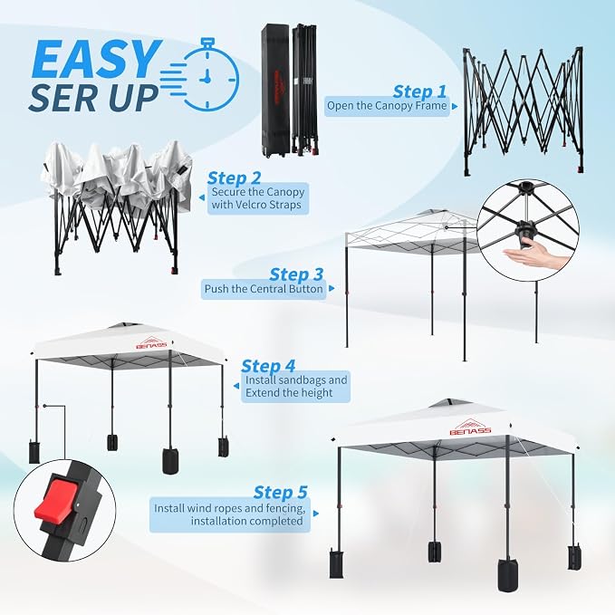 10x10 Pop Up Canopy, Easy Up Canopy Tent, Heavy Duty Tents for Parties, One Person Easy Set Up Event Tent, White