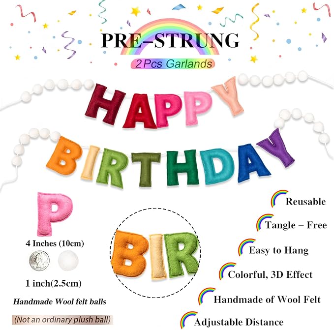 2Pcs Upgraded Pre-Strung Ultra-Soft Wool Felt Happy Birthday Banner Sign, Felt Ball Garland, Rainbow Theme Party Decorations, Reusable Colorful Birthday Garland for Party Decor, Room Decor, Photo Prop