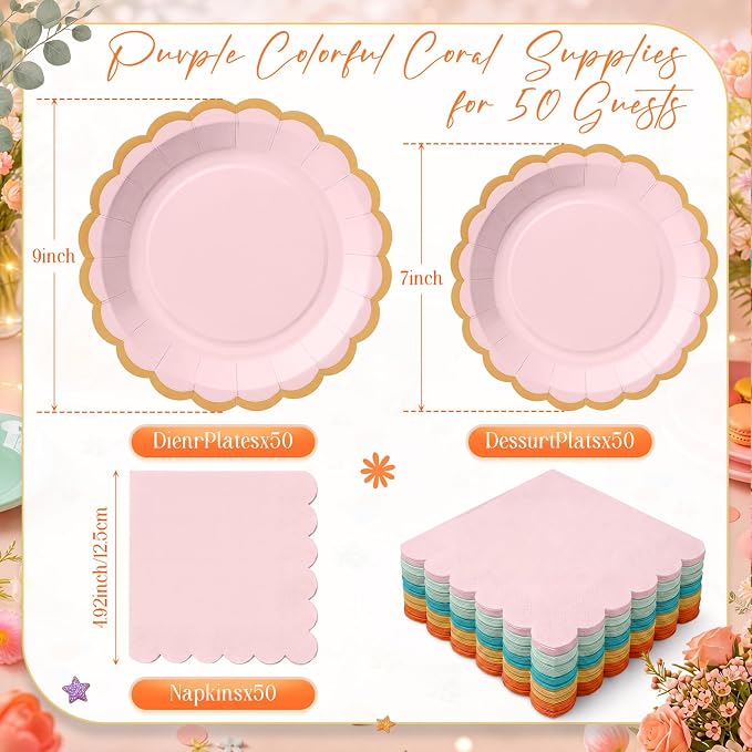 Zhehao 150 Pcs Colorful Coral Plates and Napkins Tableware Serves 50 Includes 9 Inch 7 Inch Rainbow Scalloped Wave Edges Paper Plate and Napkins for Wedding Birthday Baby Shower Party