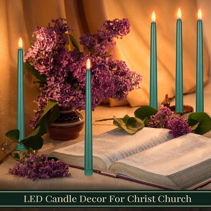Macarrie 24 Packs Flameless Taper Candles Battery Operated Fake 11 Inch Long Candlelight LED Flameless Candlesticks Flickering Tapered for Summer Fall Wedding(Green)