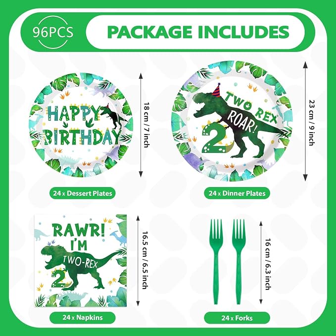 Grencian 96PCS Dinosaur 2nd Happy Birthday Party Supplies 2nd Dinosaur Plates and Napkins Forks Disposable Tableware Set for 2 Years Old Boy Birthday Party Decorations Serves 24