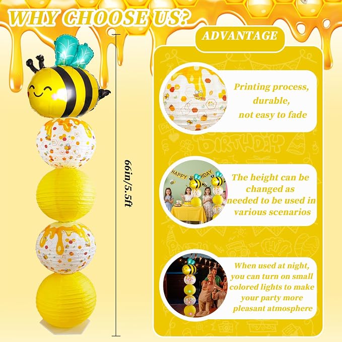 Bee Balloon Column Stand Kit And Paper Lantern 2 Sets 5.5 Feet with Reusable Metal Telescopic Design for Bee Parties, Birthday Decorations