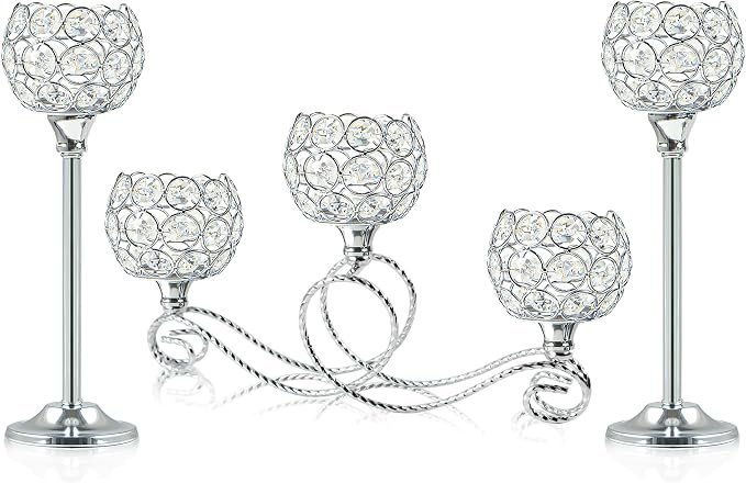 Silver 5 Arm Metal Crystal Tea Light Candle Holder, Elegant Wedding Table Centerpiece Candle Holder, Christmas Wishing Crystal Bowl Candle Holder Suitable for Wedding Party Living Room Decoration