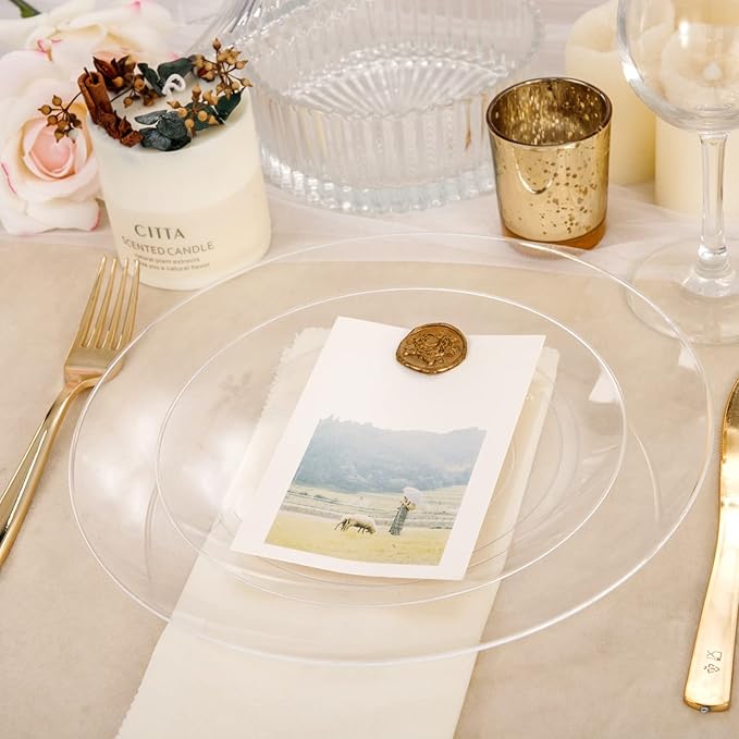 Hioasis 100pcs Clear Plastic Plates for Party - 7.5" Dinner Plates Disposable, Heavy -duty, Classy and Elegant for Wedding