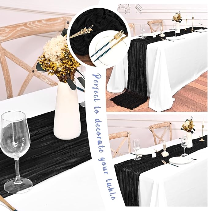 24 Pack Black Cheesecloth Table Runners,10FT Boho Gauze Table Runner,35x120inch Rustic Table Runner for Wedding Party Bridal Shower Thanksgiving Christmas Boho Table Decoration
