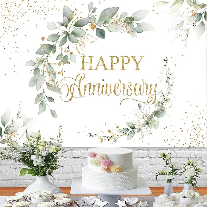 InMemory Sage Green Happy Anniversary Banner, Greenery Wedding Anniversary Backdrop, Couple Cheers to Marriage Background, Eucalyptus Leaves Memorial Party Decorations 6x4ft