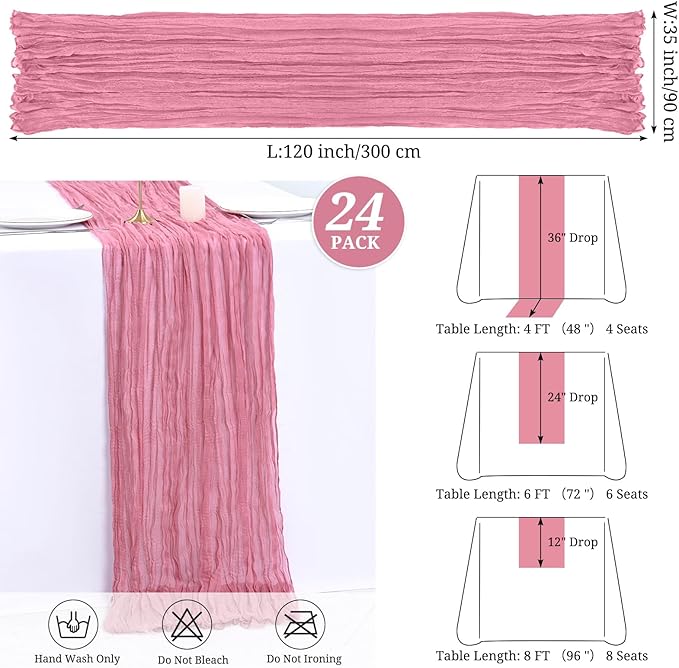 24 Pack Dusty Rose Cheesecloth Table Runner,10FT Boho Gauze Table Runner,35x120inch Rustic Table Runners for Wedding Party Bridal Shower Thanksgiving Christmas Boho Table Decoration
