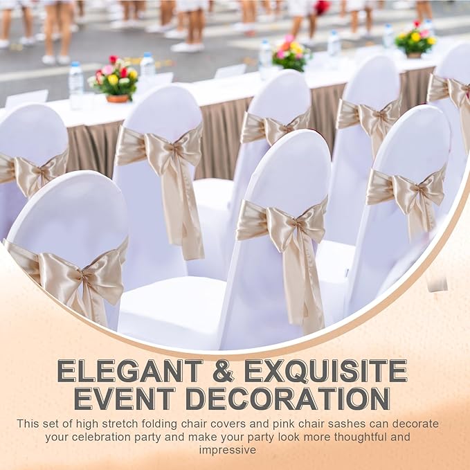 Lounsweer 50 Pcs Folding Chair Cover Set with 25 Stretch Spandex Slipcovers 25 Satin Chair Sashes Bows Ribbon Washable Banquet Protector for Wedding Event Party(White, Light Champagne)