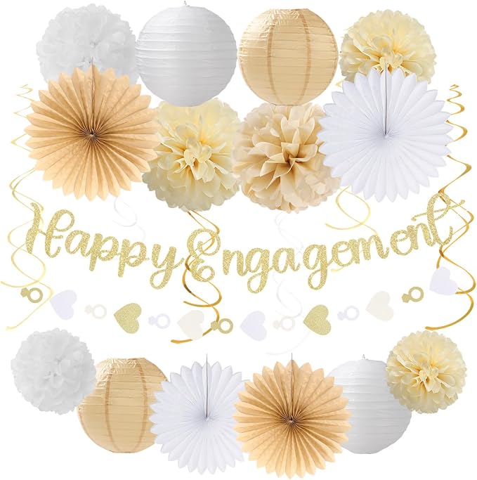 Happy-Engagement Wedding Banner Just-Engaged Party-Decorations - 22pcs White Champagne Gold Paper Lanterns Streamers,Tissue Paper Pom Poms Flowers Fans Garland Decor Sign Backdrop Hugmoon