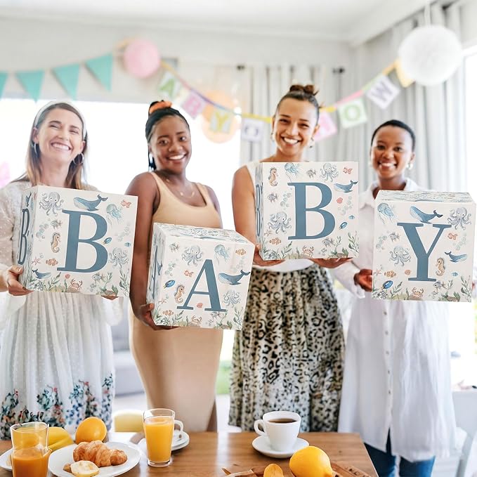 Qunclay 4 Pcs Sea You Soon Baby Shower Decorations Under the Sea Boxes with Letters Stackable for Baby Shower Blue Decorations Gender Reveal Decoration Photo Prop Ocean Animal Nursery Decor