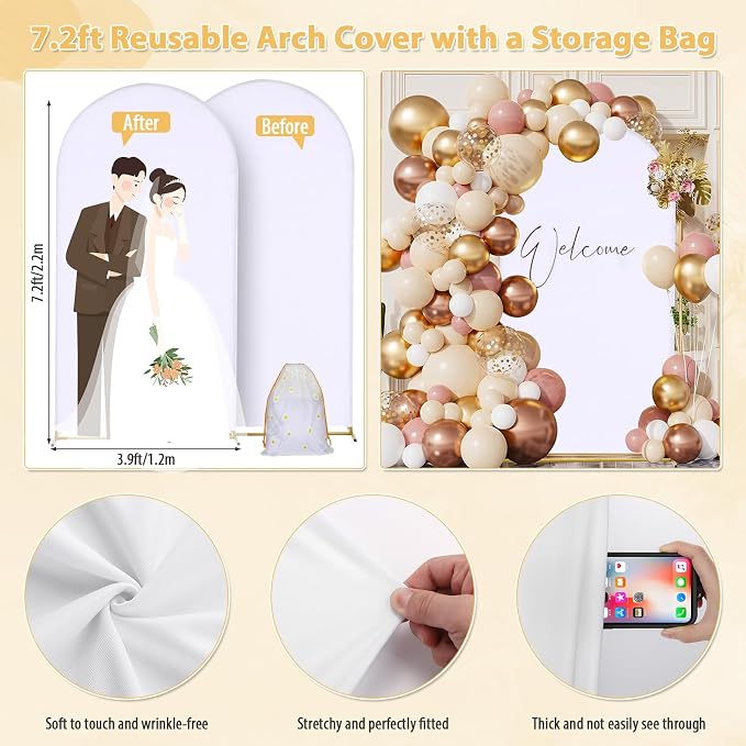 7.2 FT Arch Backdrop Cover, Wedding White Arch Covers Stretchy Backdrop, Spandex Arch Background Stand Cover for Baby Shower Birthday Party Balloon Ceremony Banquet Stand Décor