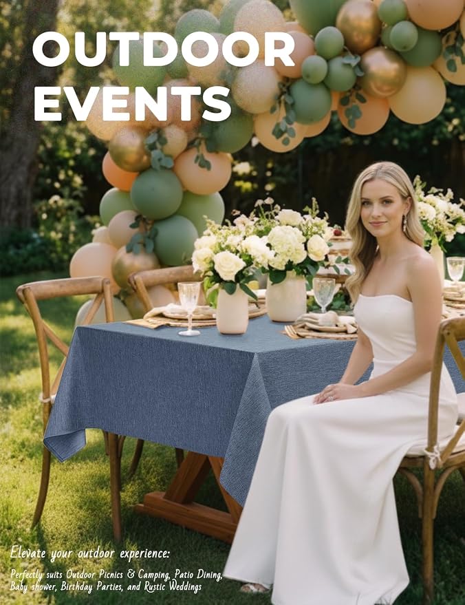 Decorelia Faux Linen Farmhouse Table Cloth 60"x144" for 10 ft Rectangle Table, Denim Blue Waterproof Outdoor Washable Tablecloth for Rectangular Dining Room Kitchen Outdoor Party Restaurant Table