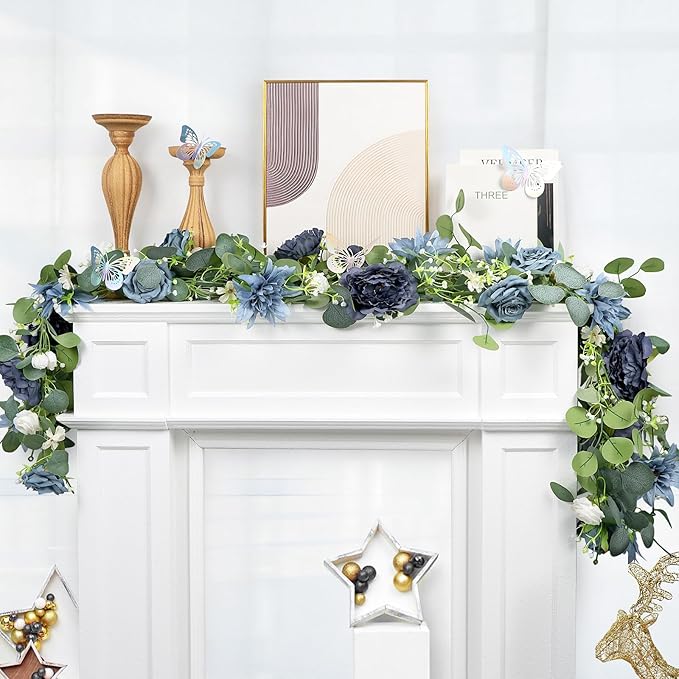 Eucalyptus Garland with Flowers - 1 Pack 5.9 FT Fake Flower Garland with Butterflies Faux Rose Greenery Garlands for Wedding Table Backdrop Arch Centerpieces Decorations - Navy Blue