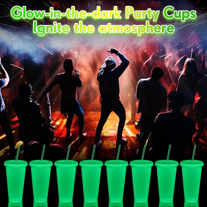 Honeydak 15 Pack 24 oz Glow in The Dark Cups Gift Bulk Light up Neon Plastic Tumbler with Straw and Lid Glow in The Dark Party Supplies Water Bottle Iced Coffee Mug Reusable(Fluorescent Green)