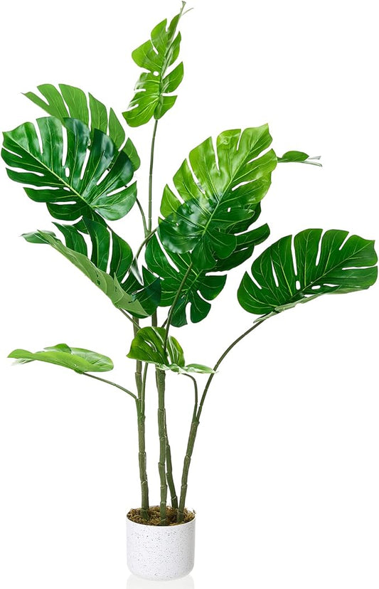 GarveeHome 4FT Artificial Monstera Plant with White Tall Planter, 48" Fake Swiss Cheese Tree Faux Tropical Plant for Indoor Home Office Decor, PEVA Real Touch Leaves, Large Potted Floor Greenery